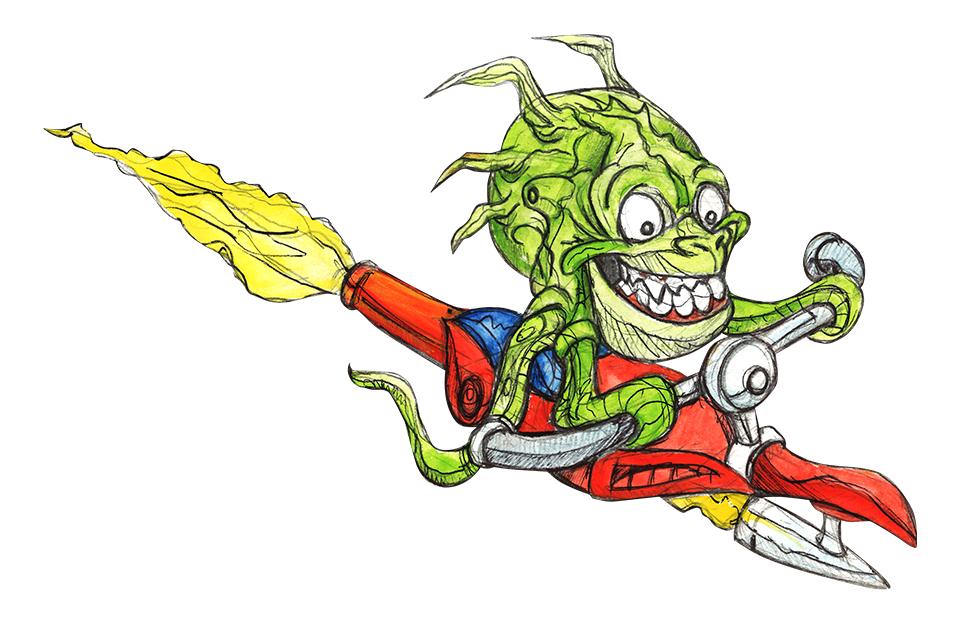 Alien racing on a rocket bike