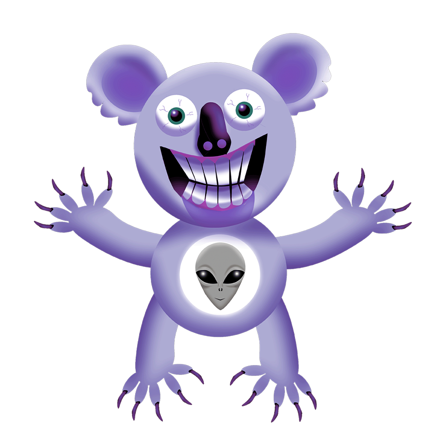 a wicked koala with a alien grey on his belly