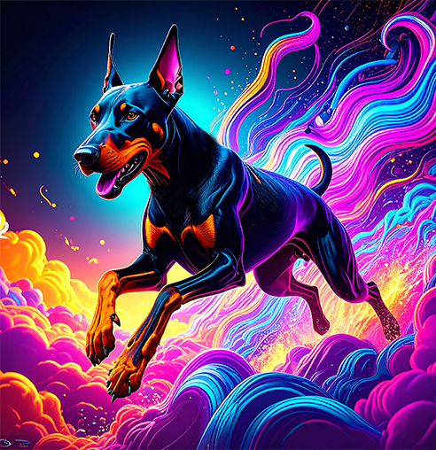 Dobermann running on clouds