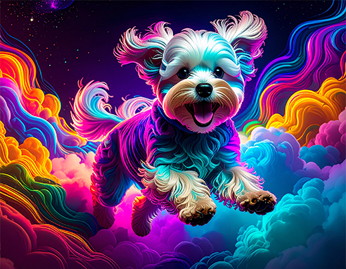 Maltese dog running on clouds