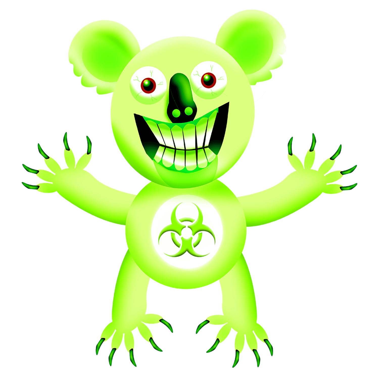 neon green koala with a Biohazard symbol on its belly