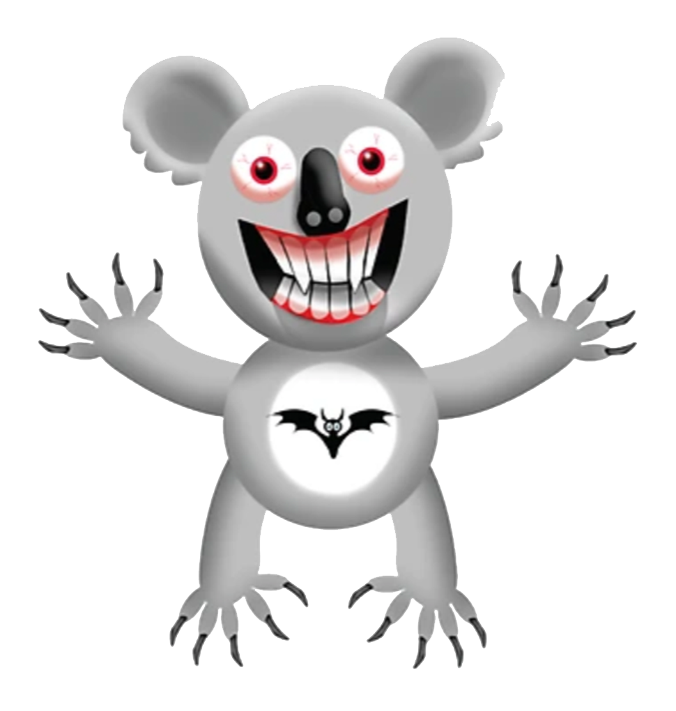 a vampire koala with a bat image on his belly