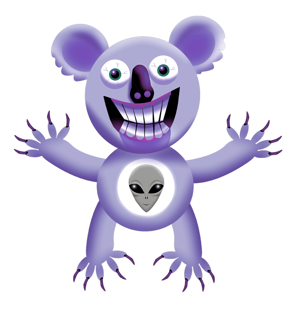 a wicked koala with a alien grey on his belly